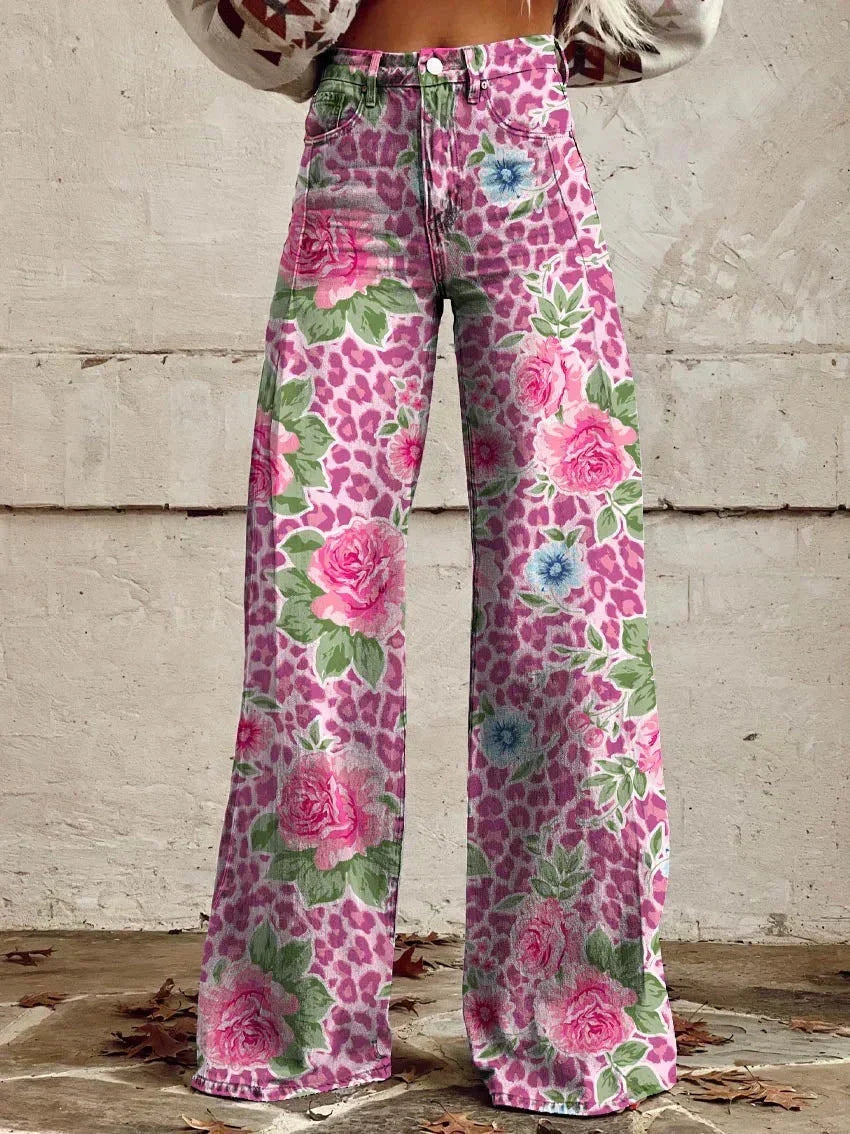 Kiki | Retro Printed Trousers with High Waist and Full Length Flare