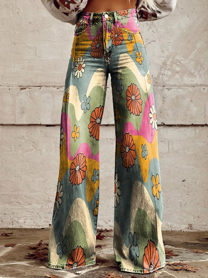 Kiki | Retro Printed Trousers with High Waist and Full Length Flare