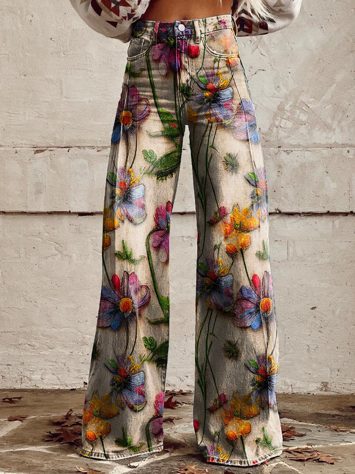 Kiki | Retro Printed Trousers with High Waist and Full Length Flare