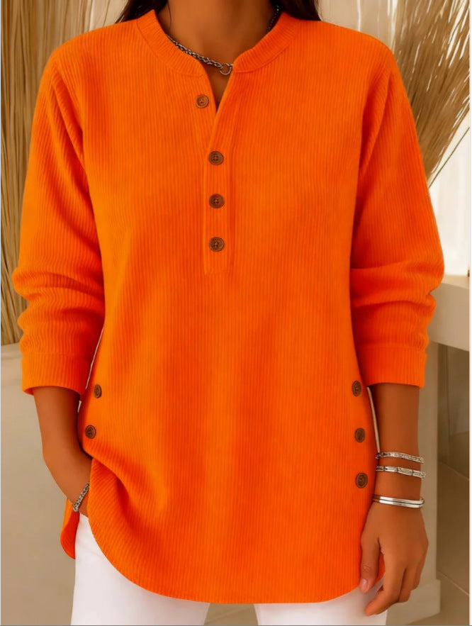 Arianwen | Ribbed Tunic Top with Henley Neckline and Side Button Detail