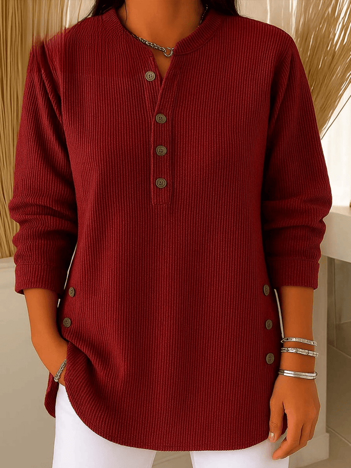 Arianwen | Ribbed Tunic Top with Henley Neckline and Side Button Detail