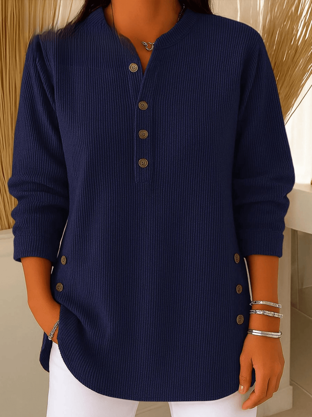 Arianwen | Ribbed Tunic Top with Henley Neckline and Side Button Detail