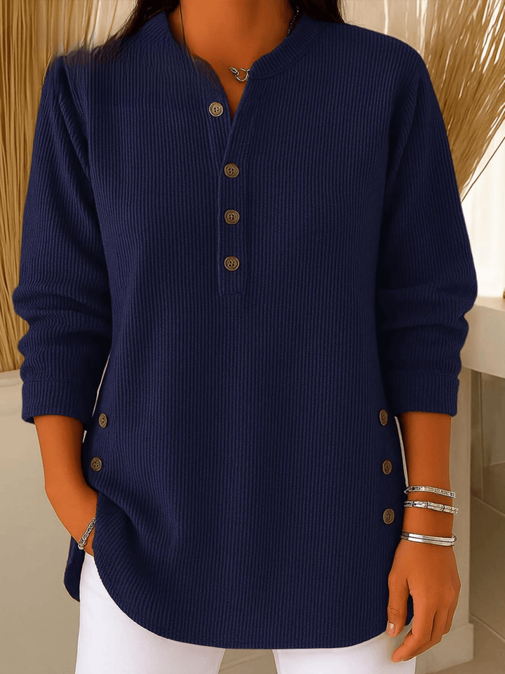 Arianwen | Ribbed Tunic Top with Henley Neckline and Side Button Detail