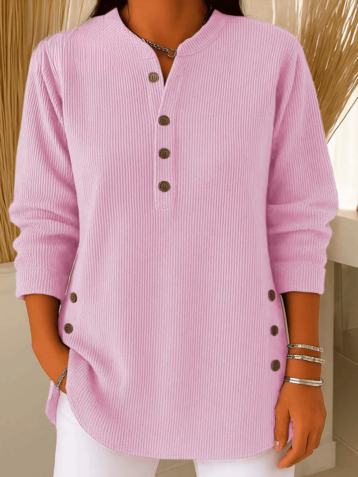 Arianwen | Ribbed Tunic Top with Henley Neckline and Side Button Detail
