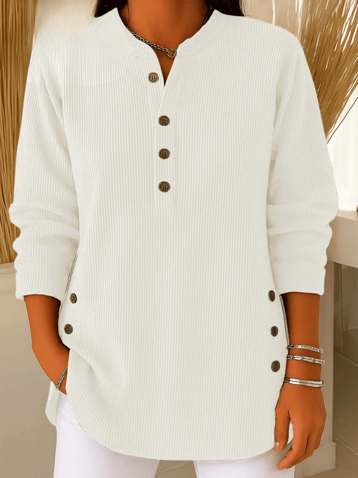 Arianwen | Ribbed Tunic Top with Henley Neckline and Side Button Detail
