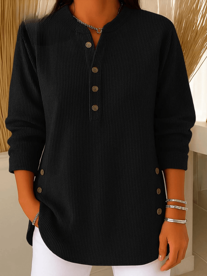 Arianwen | Ribbed Tunic Top with Henley Neckline and Side Button Detail