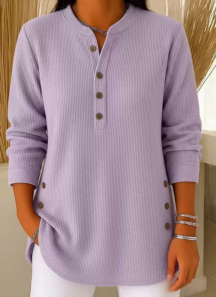 Arianwen | Ribbed Tunic Top with Henley Neckline and Side Button Detail