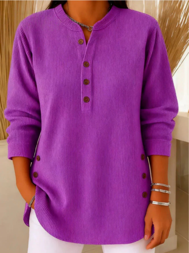 Arianwen | Ribbed Tunic Top with Henley Neckline and Side Button Detail