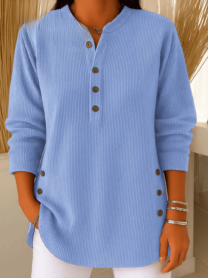 Arianwen | Ribbed Tunic Top with Henley Neckline and Side Button Detail