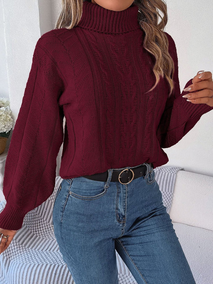 Elina | Rich Cable Knit Turtleneck Sweater with Puff Sleeves