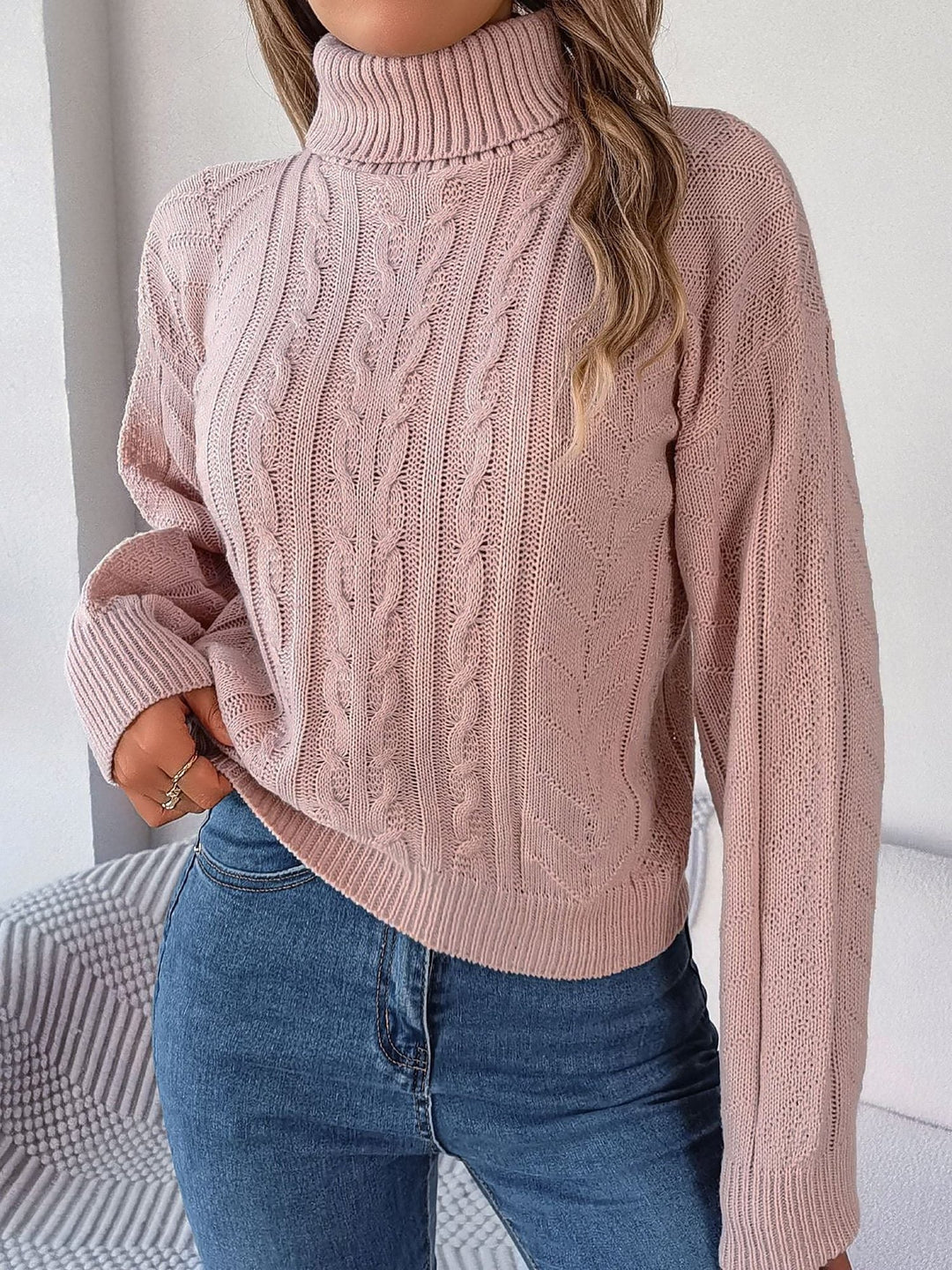 Elina | Rich Cable Knit Turtleneck Sweater with Puff Sleeves