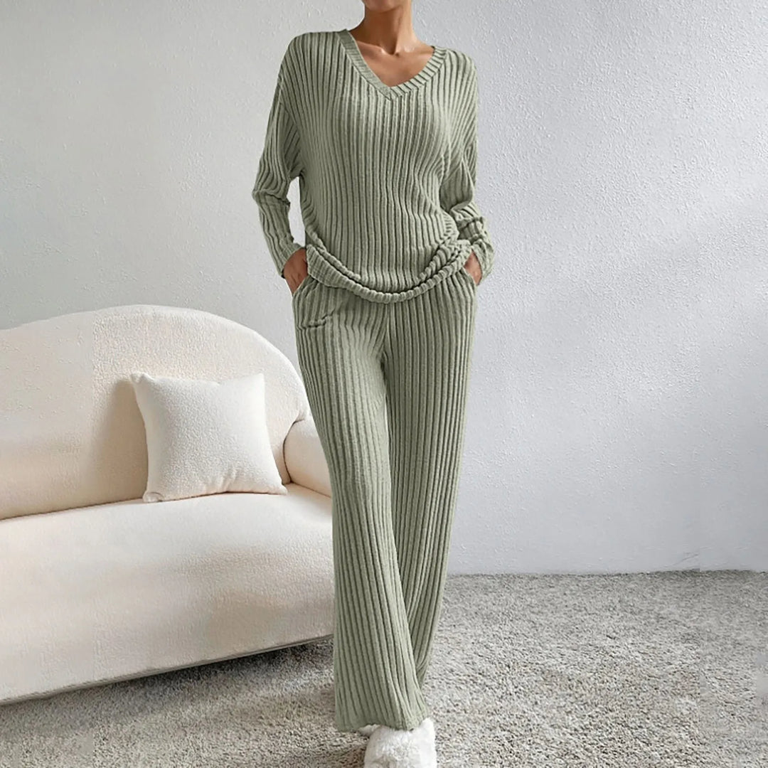 Dahlia | Women's Ribbed Knit Two Piece Set with V-Neckline and Wide Leg Trousers