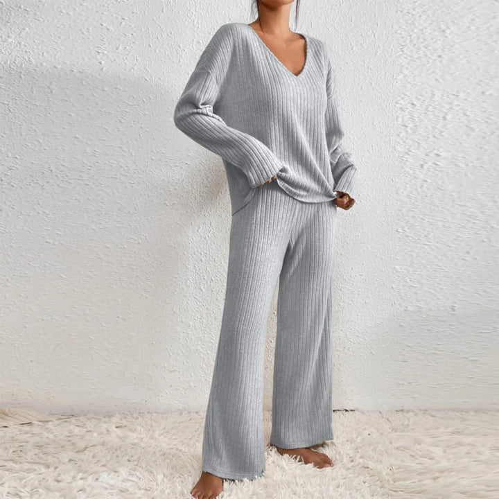 Dahlia | Women's Ribbed Knit Two Piece Set with V-Neckline and Wide Leg Trousers
