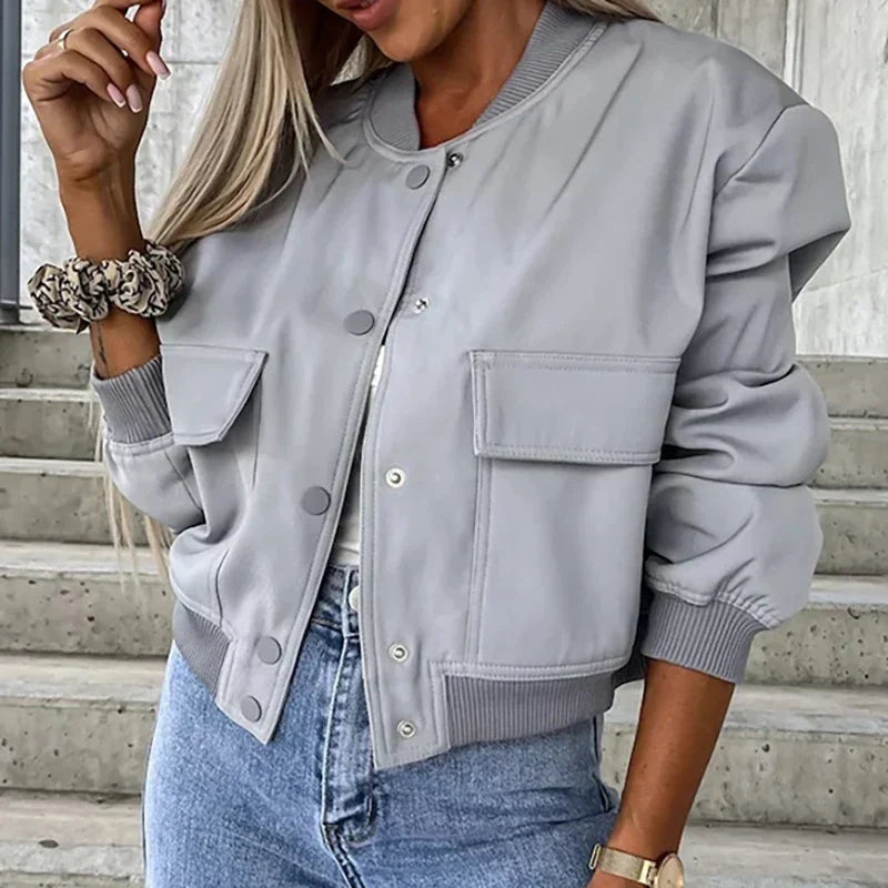 Hunter | Cropped Bomber Jacket with Snap Front and Flap Pockets