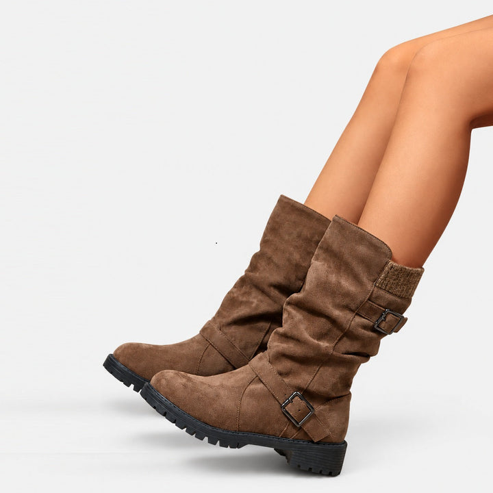 Tessa | Women's Suede Mid Calf Boots with Knit Cuff and Double Buckle