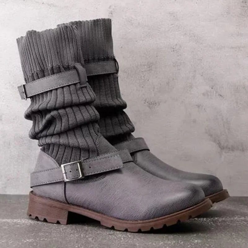 Tessa | Women's Suede Mid Calf Boots with Knit Cuff and Double Buckle