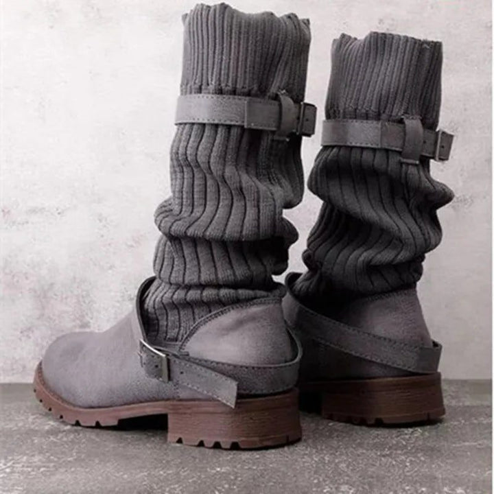 Tessa | Women's Suede Mid Calf Boots with Knit Cuff and Double Buckle