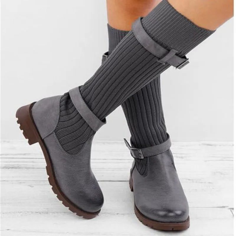 Tessa | Women's Suede Mid Calf Boots with Knit Cuff and Double Buckle