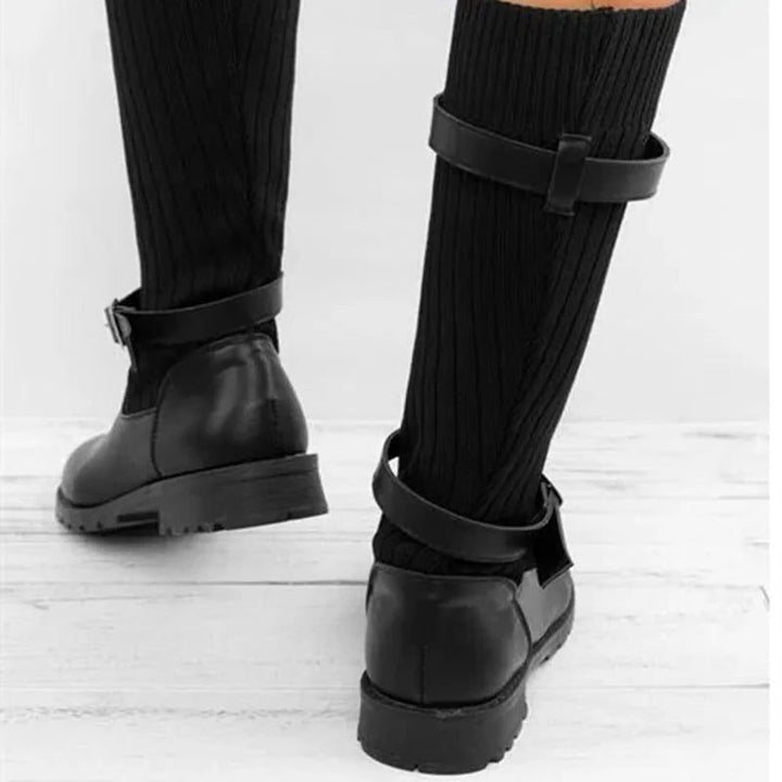 Tessa | Women's Suede Mid Calf Boots with Knit Cuff and Double Buckle