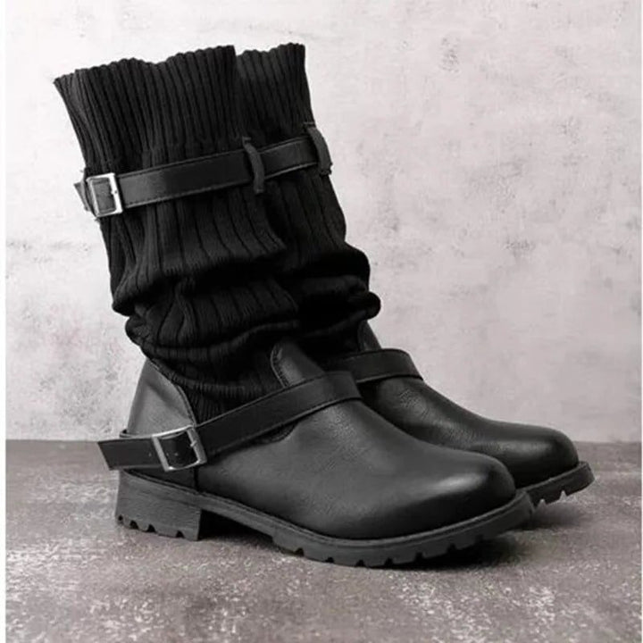 Tessa | Women's Suede Mid Calf Boots with Knit Cuff and Double Buckle