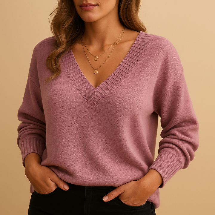 Peggy | Soft Knit Sweater with Ribbed V-Neckline and Ribbed Cuffs