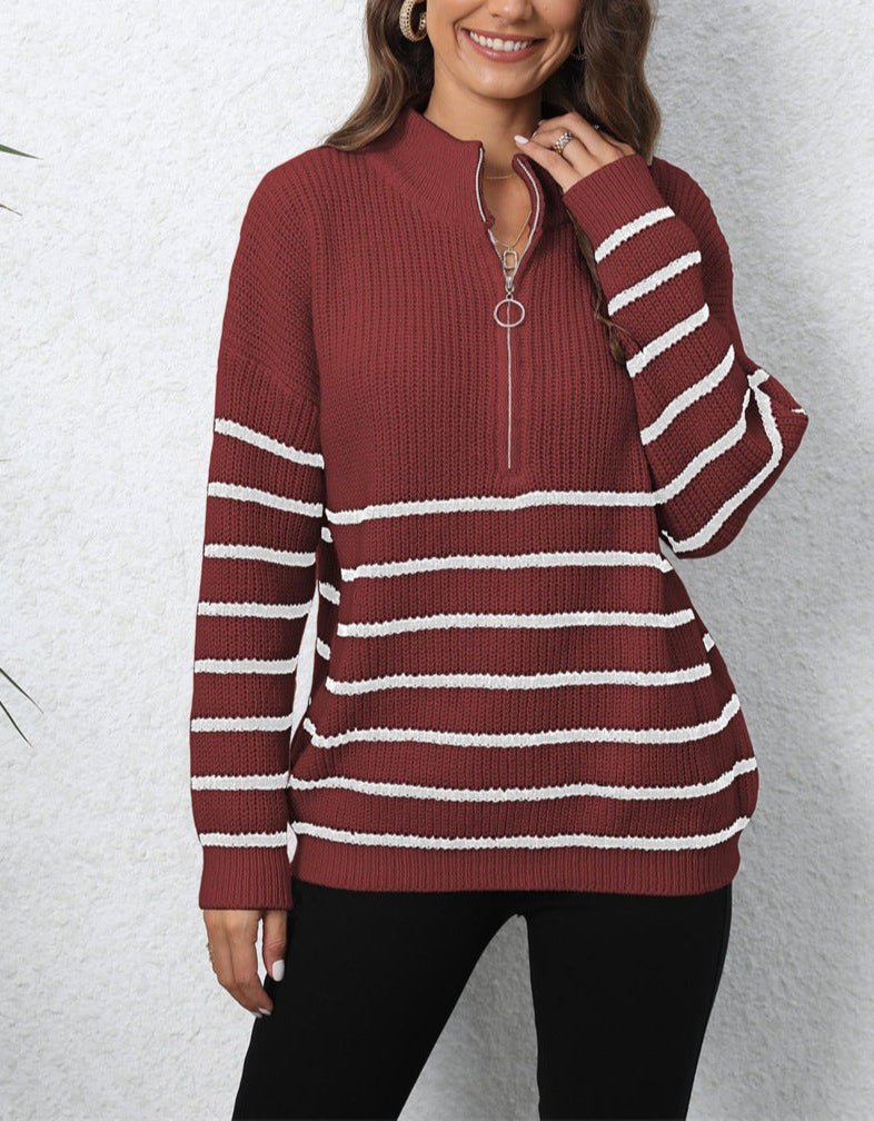 Paige | Striped Knit Sweater with Half Zip Collar