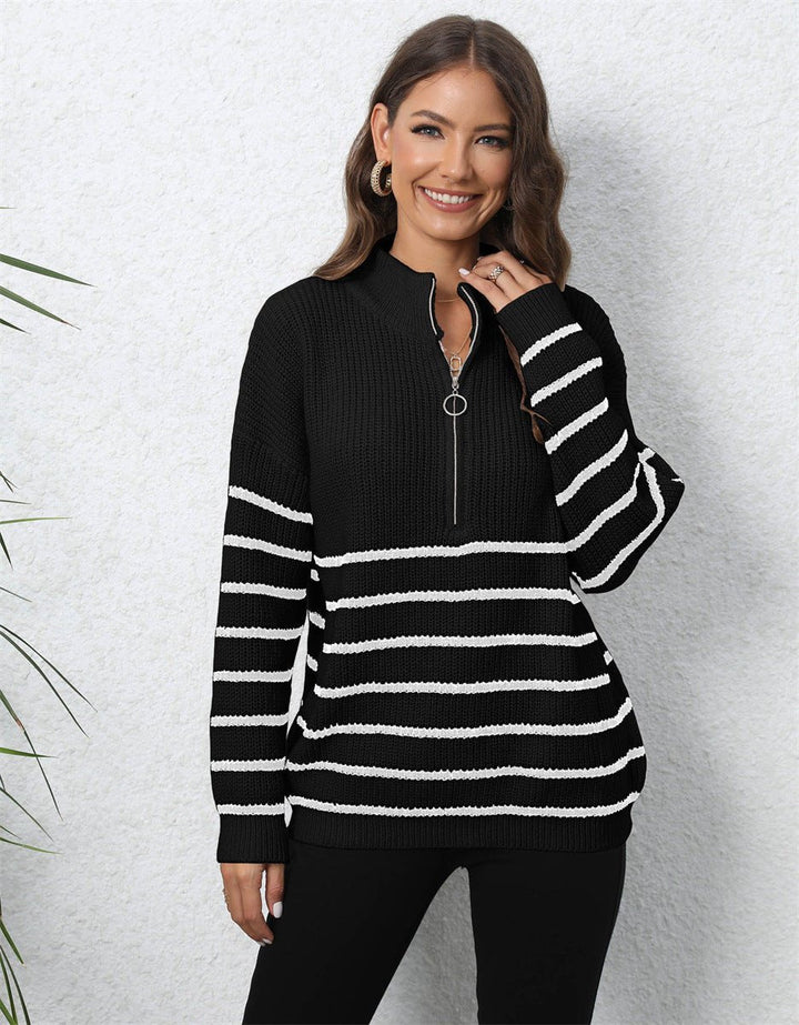 Paige | Striped Knit Sweater with Half Zip Collar