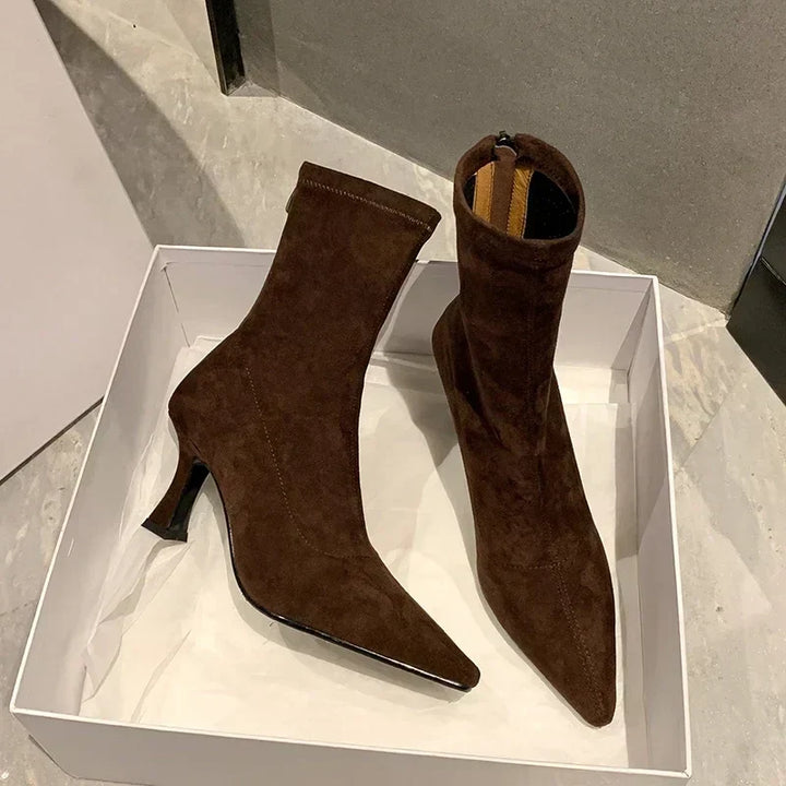 Alina | Suede Pointed Toe Heeled Ankle Boots with Stiletto Heel