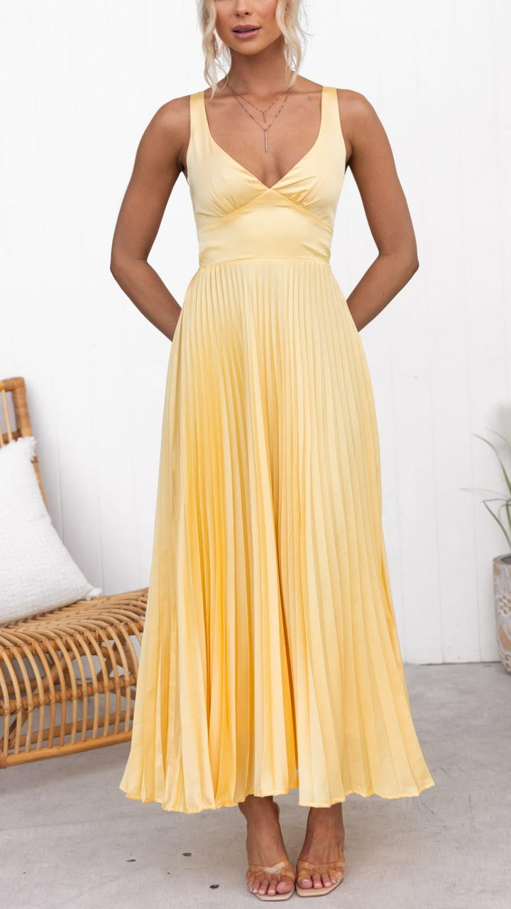 Juliet | Yellow Pleated V-Neck Autumn Maxi Dress