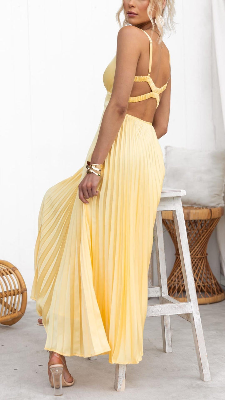 Juliet | Yellow Pleated V-Neck Autumn Maxi Dress
