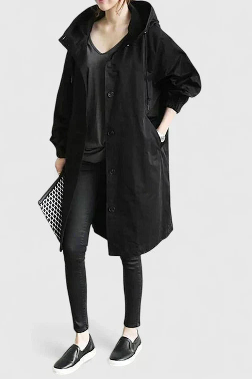 Millie | Relaxed Hooded Longline Coat With Button Front and Utility Pockets