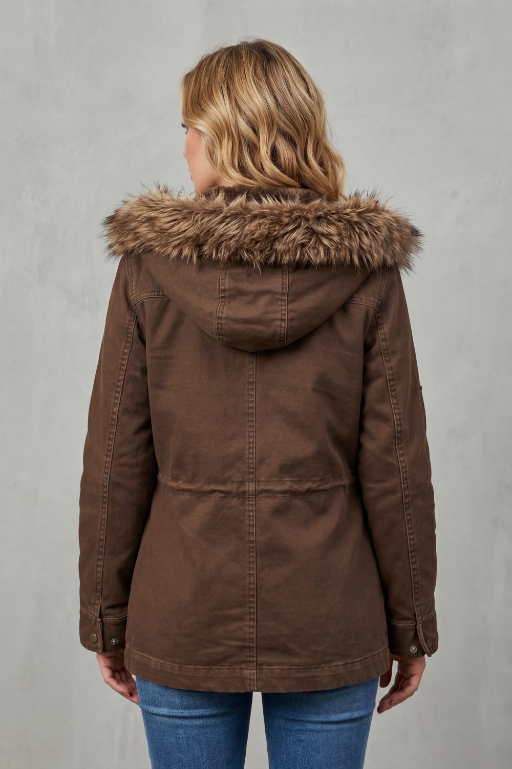 Robin | Brown Hooded Parka with Fur Trim Hood and Flap Pockets