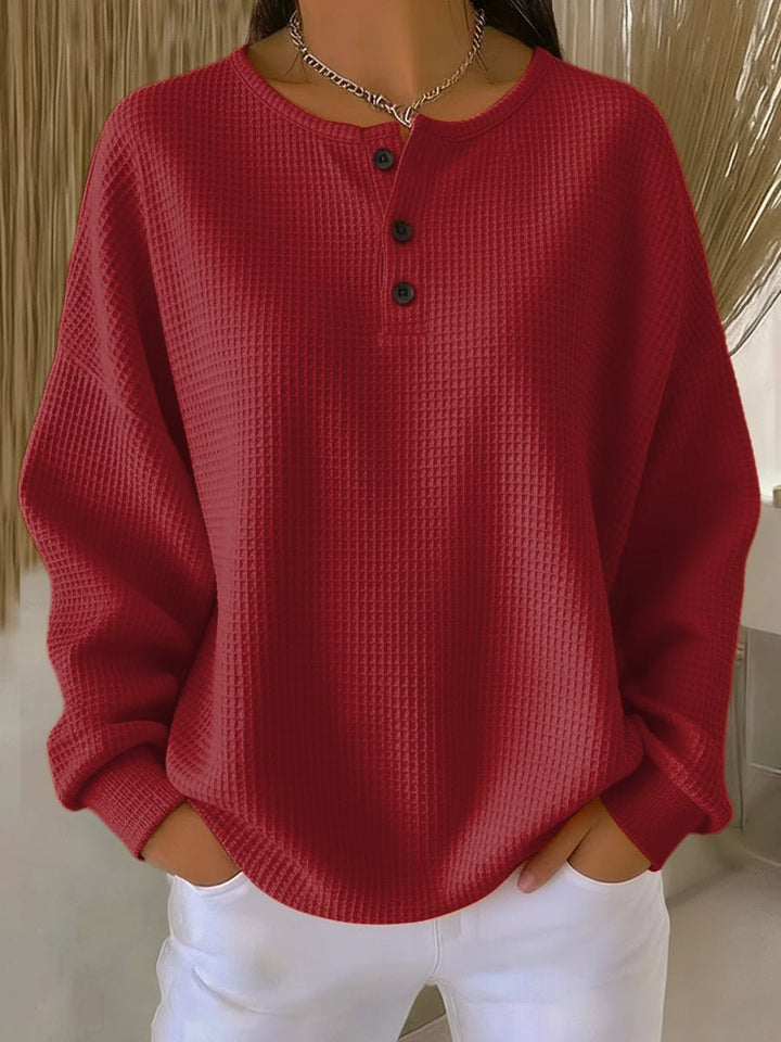 Lowri | Waffle Knit Sweatshirt with Henley Neckline and Drop Shoulders