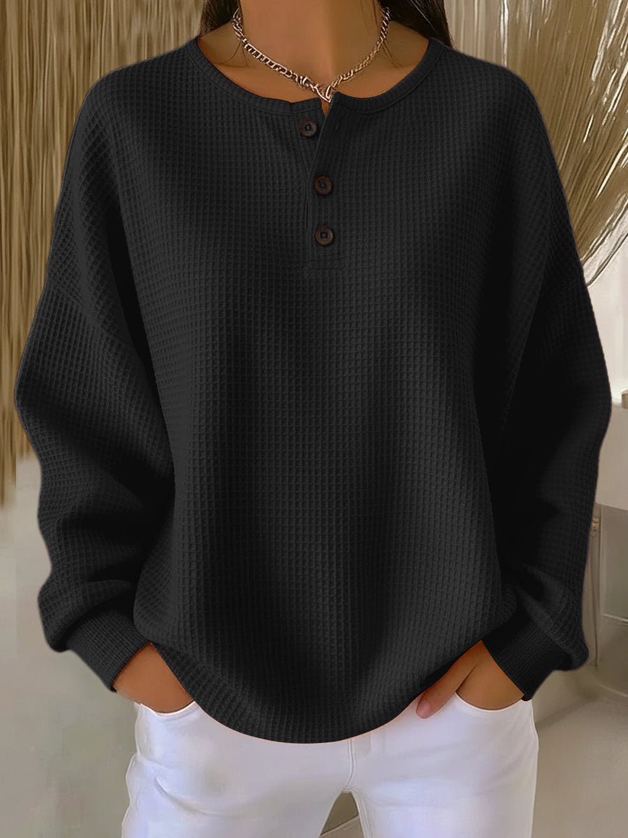 Lowri | Waffle Knit Sweatshirt with Henley Neckline and Drop Shoulders