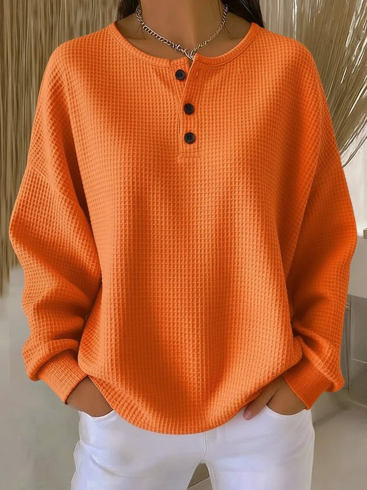 Lowri | Waffle Knit Sweatshirt with Henley Neckline and Drop Shoulders