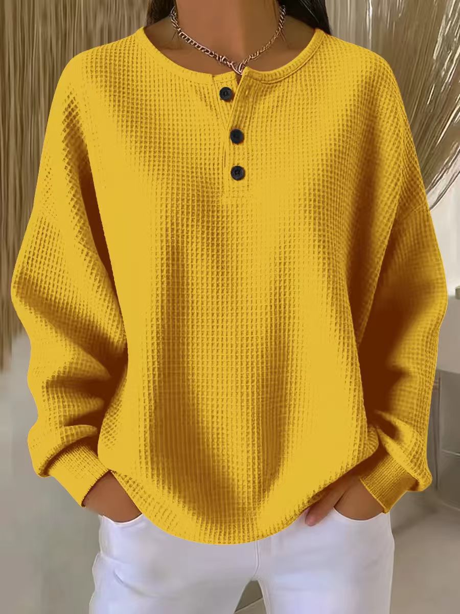Lowri | Waffle Knit Sweatshirt with Henley Neckline and Drop Shoulders