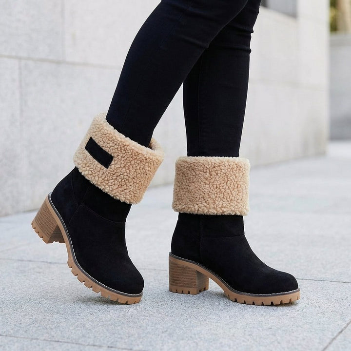 Luciana | Warm Suede Winter Boots with Sherpa Cuff and Block Heel