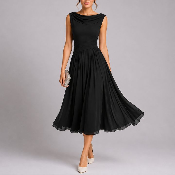 Amelia | Women's Elegant Pleated Midi Dress with Draped Neckline