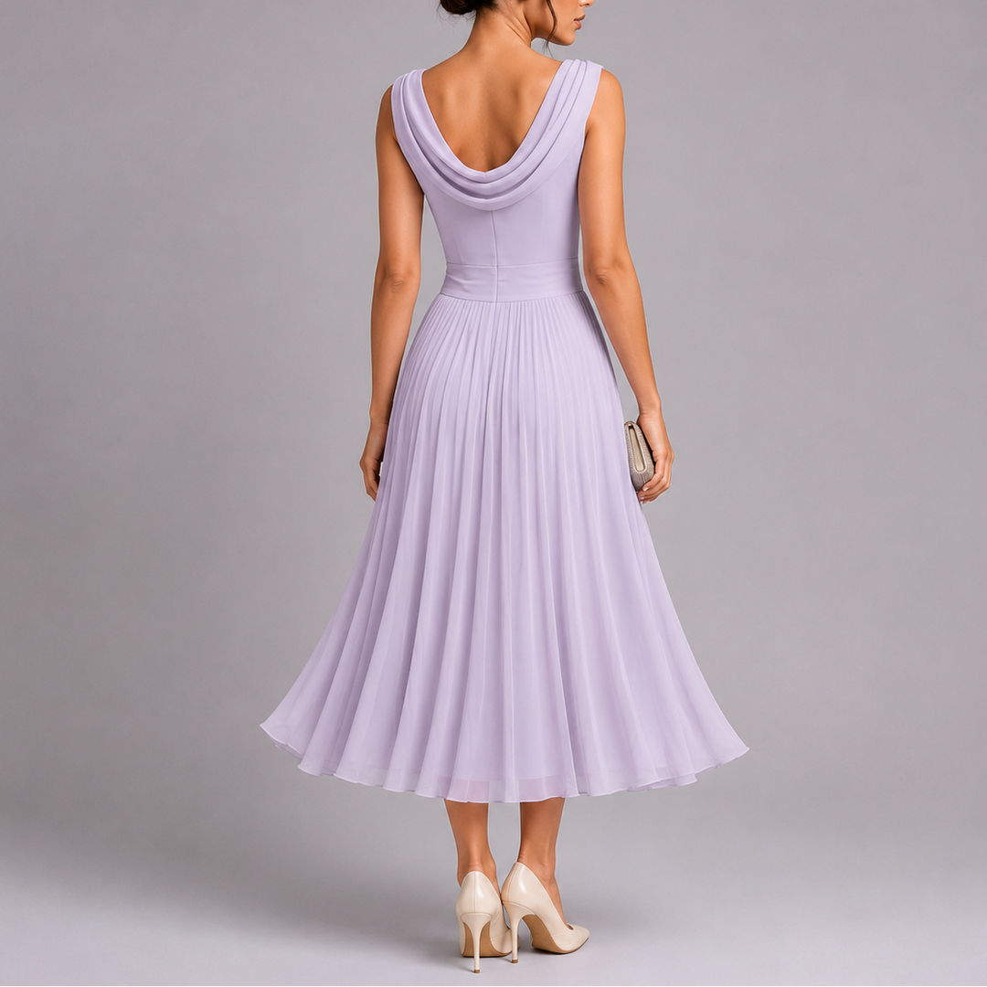 Amelia | Women's Elegant Pleated Midi Dress with Draped Neckline