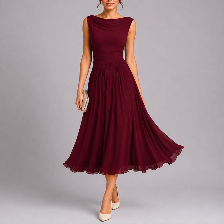 Amelia | Women's Elegant Pleated Midi Dress with Draped Neckline