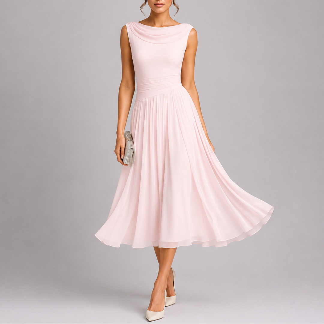 Amelia | Women's Elegant Pleated Midi Dress with Draped Neckline