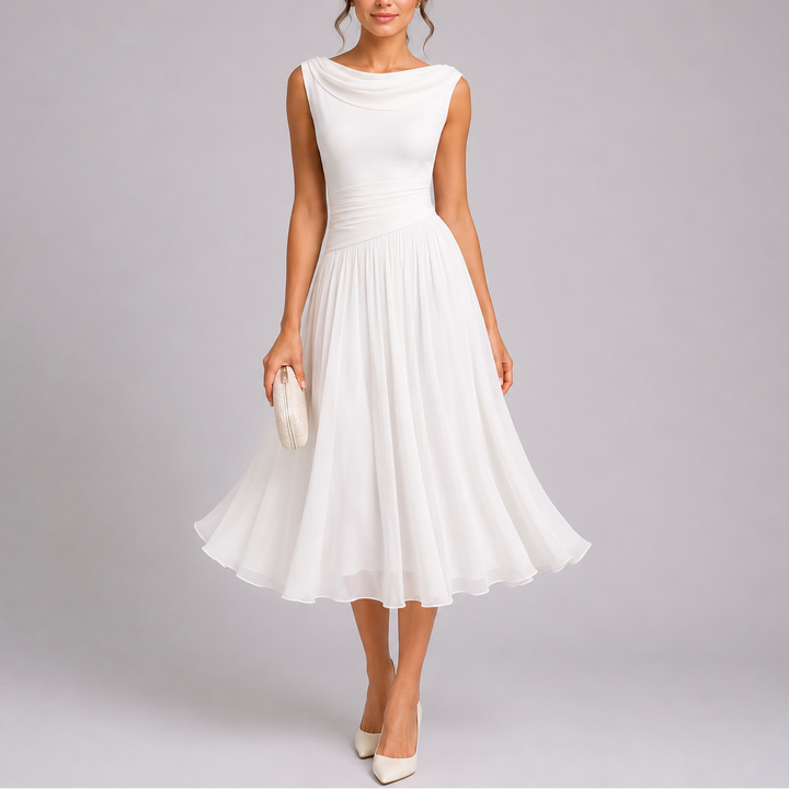 Amelia | Women's Elegant Pleated Midi Dress with Draped Neckline
