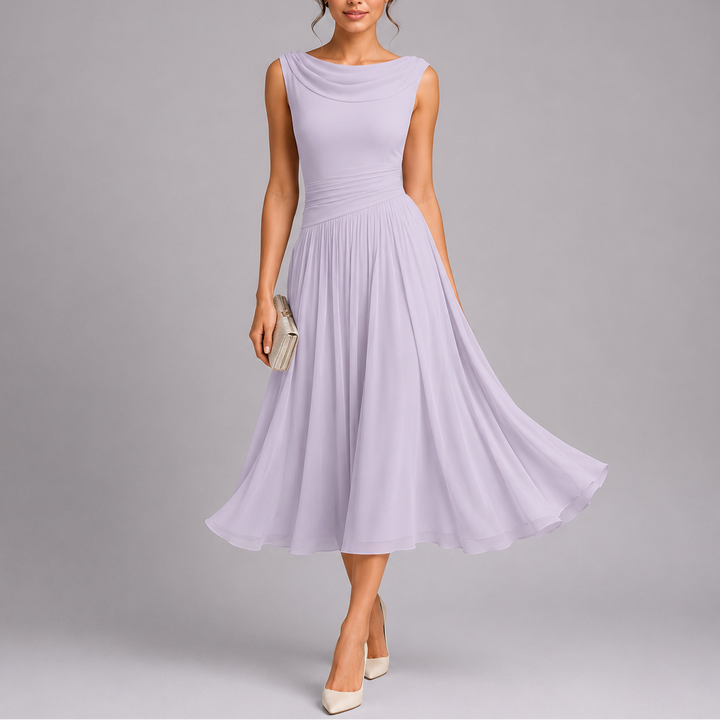 Amelia | Women's Elegant Pleated Midi Dress with Draped Neckline