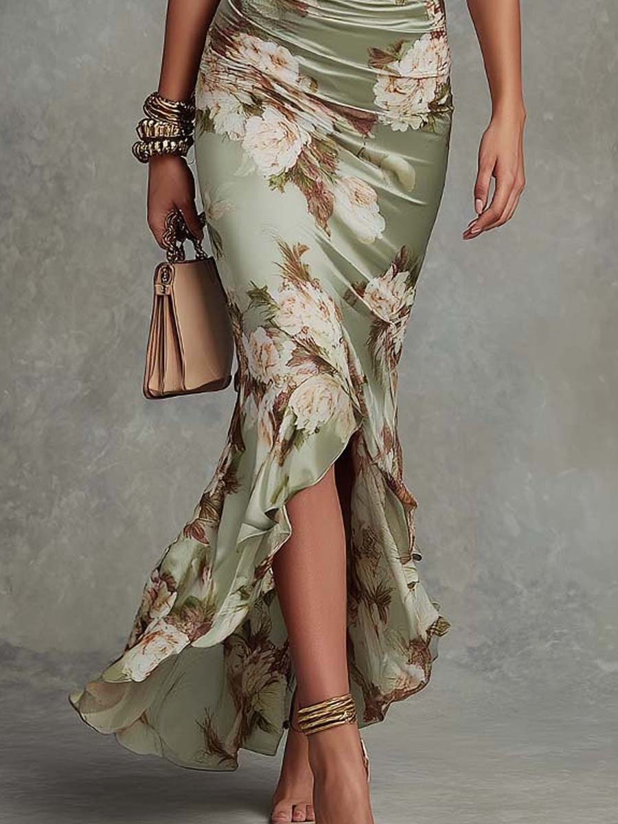 Della | Asymmetrical Long Green Satin Dress