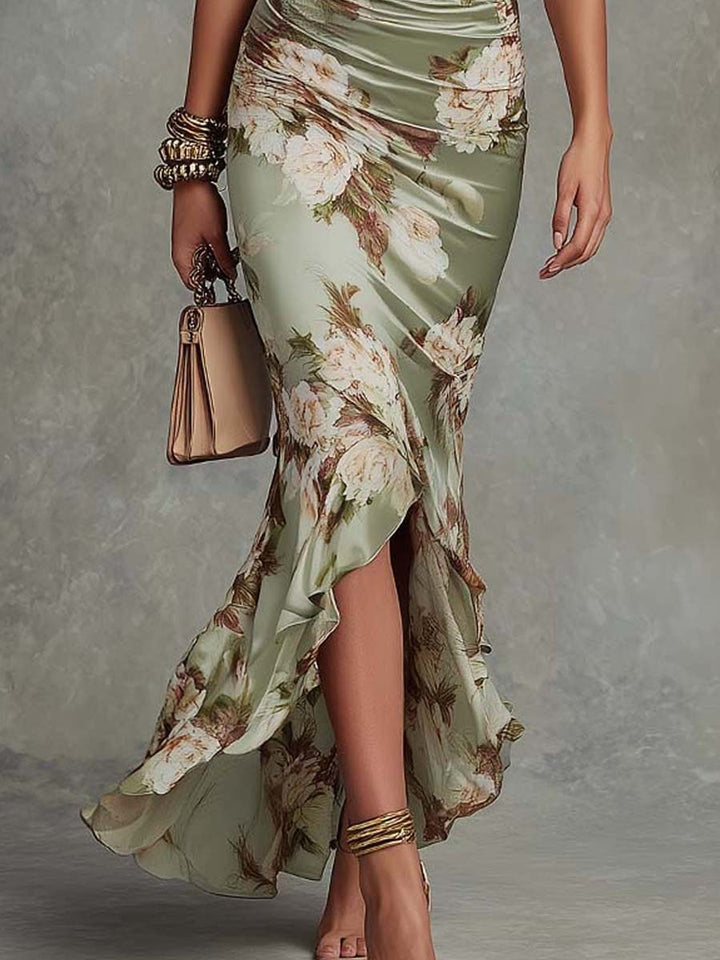 Della | Asymmetrical Long Green Satin Dress