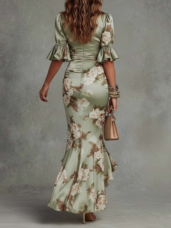 Della | Asymmetrical Long Green Satin Dress
