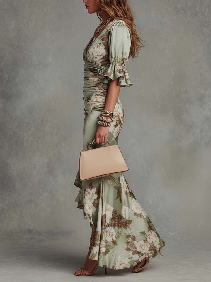 Della | Asymmetrical Long Green Satin Dress