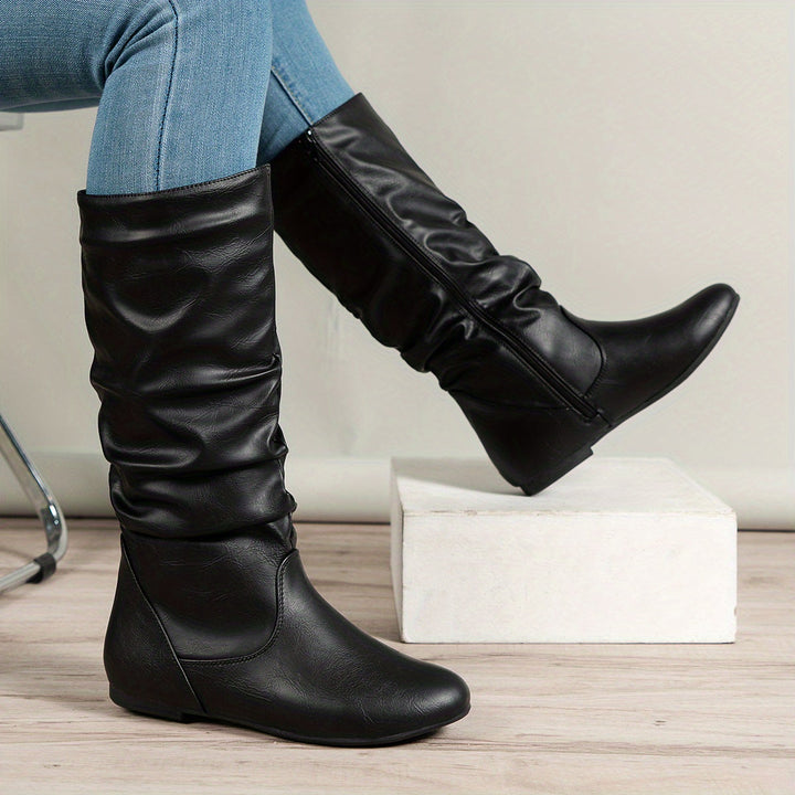 Coretta | Women's Knee High Black Slouchy Flat Heel Boots