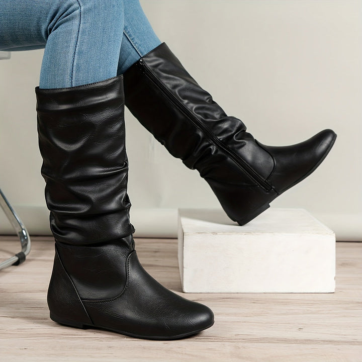 Coretta | Women's Knee High Black Slouchy Flat Heel Boots