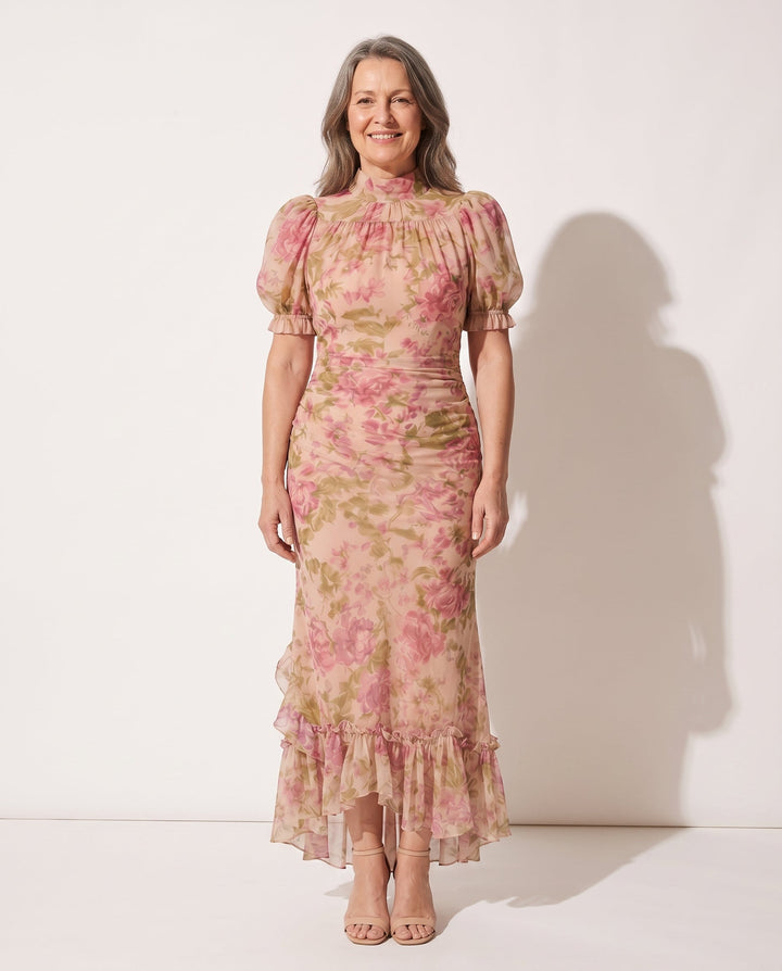 Bernice | Floral Print Puff Sleeve Ruffle Autumn Maxi Dress